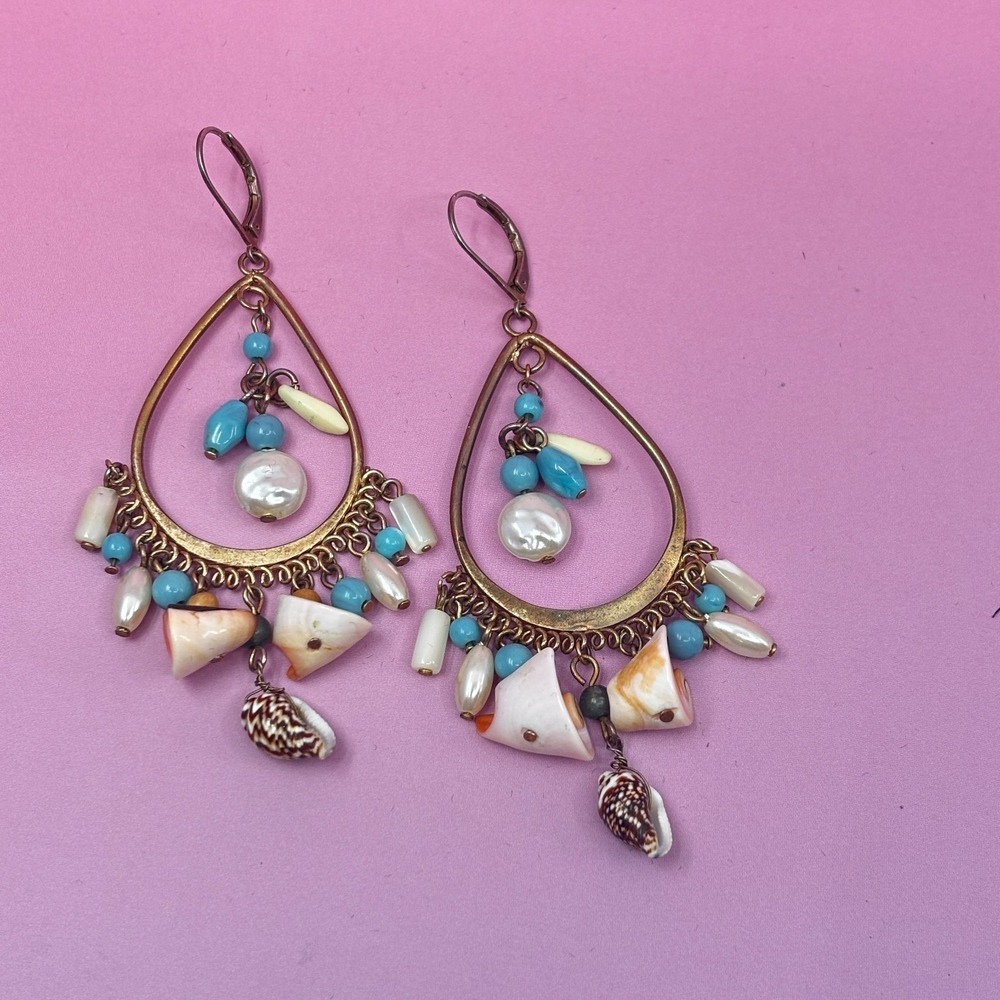 Shell Chandelier Earrings Turquoise Tone Beads Pearl Teardrop Coastal Statement